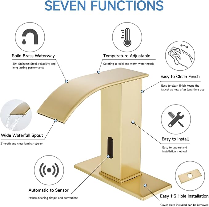 Touchless Bathroom Faucet Touchless Bathroom Sink Faucet with Control Box, Automatic Sensor Vanity Faucets and Temperature Mixer Hole Cover Plate for Easy Installation,Gold