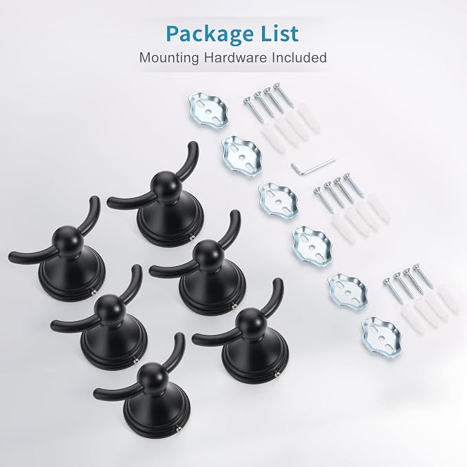 FILTA Bathroom Towel Hooks, Matte Black Robe & Towel Hooks for Wall Mounted, Traditional Towel and Robe Hooks for Hanging Towels, Bath Towel Holder for Shower (6 Pack)