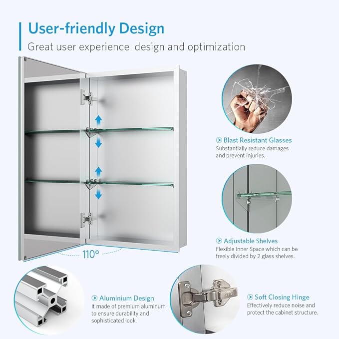 Quavikey Medicine Cabinet with Mirror, Aluminum Surface Mount or Recessed Bathroom Medicine Mirror Cabinet 16x26 Inch, Silver