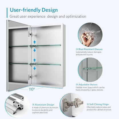 Quavikey Medicine Cabinet with Mirror, Aluminum Surface Mount or Recessed Bathroom Medicine Mirror Cabinet 16x26 Inch, Silver