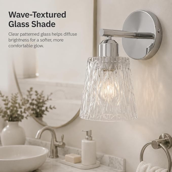 Chrome 1 Light Bathroom Vanity Light with Textured Glass Shade, E26 Socket, Bathroom Light Fixture Over Mirror, Modern Lighting Fixture Wall Lamp Vanity Light