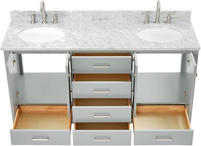 ARIEL Cambridge 66-inch Bathroom Vanity with Sink,Solid Wood, 0.75-inch Italian Carrara Marble Countertop & Backsplash, Double Oval Porcelain Sink, 4 Soft Closing Doors, 6 Dovetail Drawers, Grey