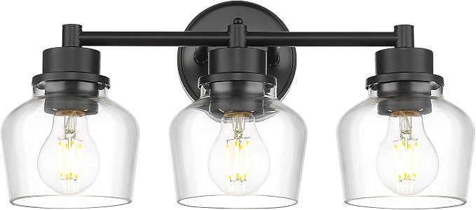 Emak 3-Light Bathroom Vanity Lights Over Mirror, Modern Bathroom Light Fixtures with Clear Glass Shade, Black Vanity Light for Bath, Makeup Desk, Mirror, VL122-BK-CG-3