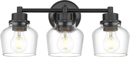 Emak 3-Light Bathroom Vanity Lights Over Mirror, Modern Bathroom Light Fixtures with Clear Glass Shade, Black Vanity Light for Bath, Makeup Desk, Mirror, VL122-BK-CG-3