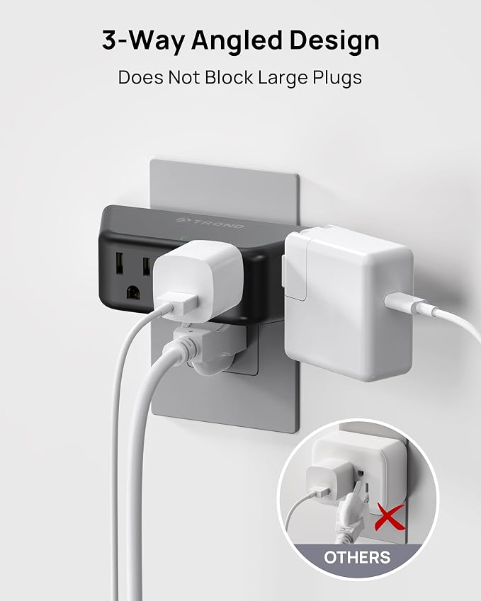TROND Black Outlet Extender Surge Protector 2 Pack, Multi Plug Wall Outlet | 4 Grounded Sockets, Angled Wall Plug Splitter, Space-Saving, 900J, Multiple Adapter for Home Office Travel Dorm Room