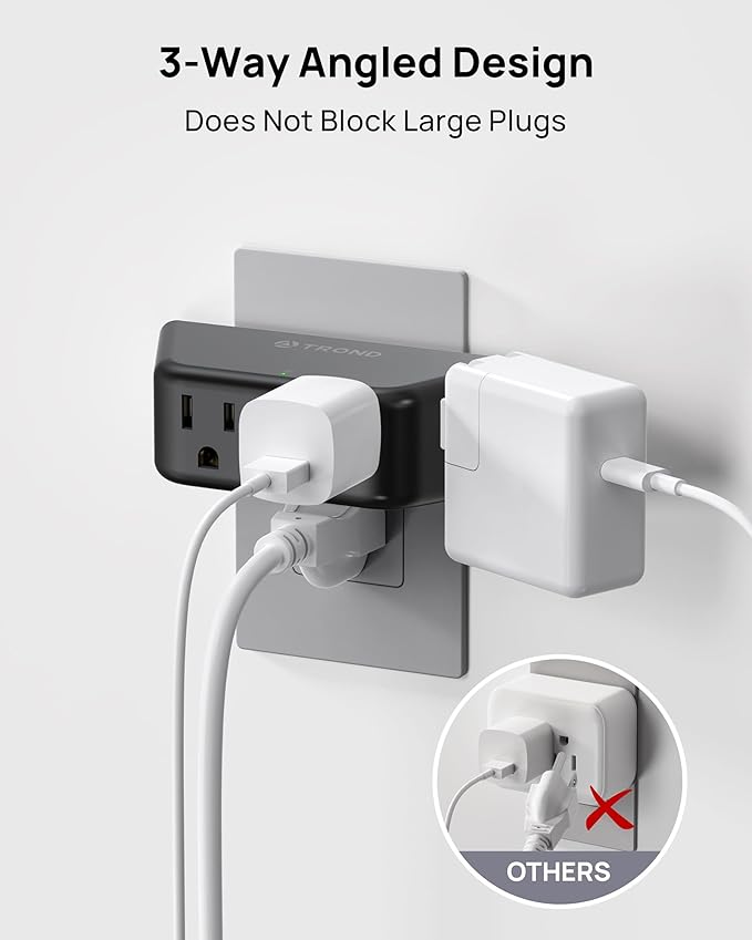 TROND Black Outlet Extender Surge Protector, 4 Plug Outlet Adapter | 3 Sided-Design Wall Plug Splitter, Space-Saving, 900J, Multiple Wall Expander for Bathroom Kitchen Travel Dorm Room