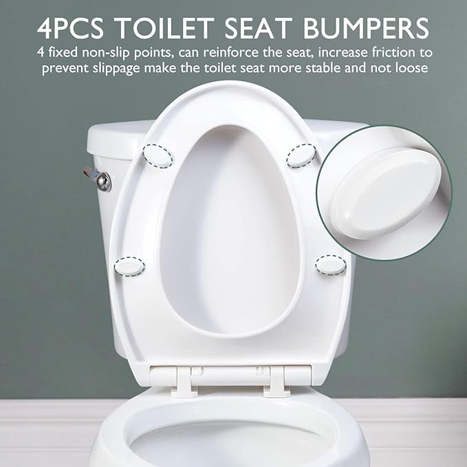 WSSROGY Toilet seat Elongated with Slow Close Hinges, Four Bumpers Never Loosen and Easily Remove, Two Sets of Parts, Plastic, White