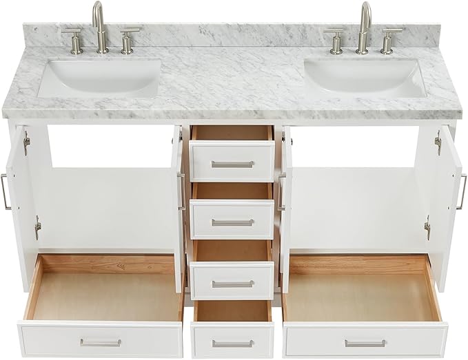 ARIEL Stafford 60-inch Bathroom Vanity with Sink,Solid Wood, 1.5-inch Italian Carrara Marble Countertop, Double Rectangular Porcelain Sink, 4 Soft Closing Doors, 6 Dovetail Drawers, White