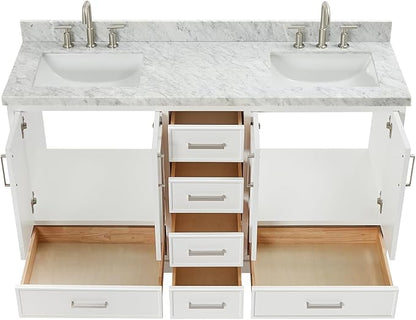 ARIEL Stafford 60-inch Bathroom Vanity with Sink,Solid Wood, 1.5-inch Italian Carrara Marble Countertop, Double Rectangular Porcelain Sink, 4 Soft Closing Doors, 6 Dovetail Drawers, White