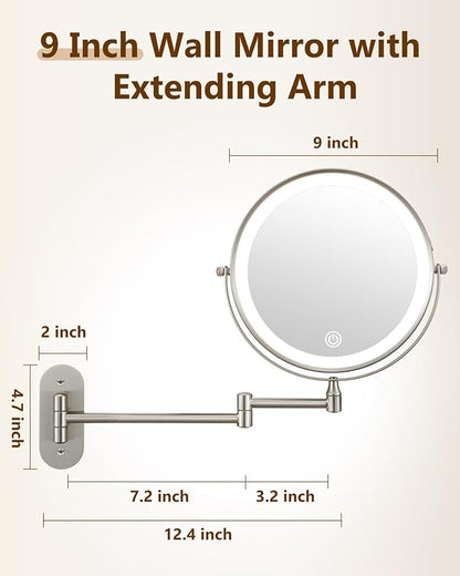 DECLUTTR 9" Wall Mounted Lighted Makeup Mirror, Rechargeable 1X/20X Magnifying Mirror with Light Double Sided, Touch Dimmable 3 Color Light, 360 Rotation Vanity Mirror