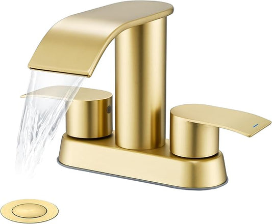 Ultimate Unicorn Bathroom Faucet for Sink Brushed Gold, 4 Inch Bathroom Sink Faucet for 3 or 2 Holes, 2 Handle Waterfall Faucets with Pop up Drain, Centerset Faucets for RV Counter