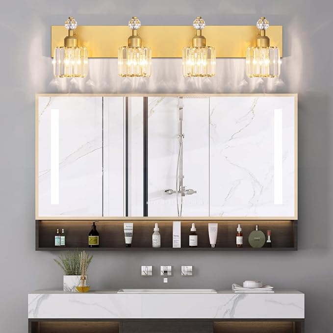PRESDE Crystal 4 Bathroom Vanity Light Modern Gold Vanity Light Fixture Wall Lamp for Over Mirror Bedroom Hallway