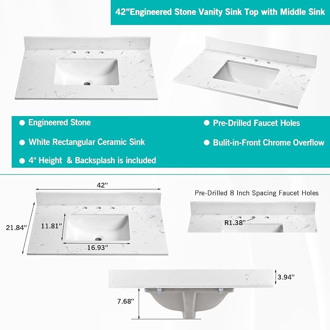 42"x22" Engineered Stone Bathroom Vanity Top with Rectangular Undermount Ceramic Middle Sink, 8 Inch Faucet Hole Spread with Backsplash Bathroom Vanity Sink Top (Cabinet Not Included)