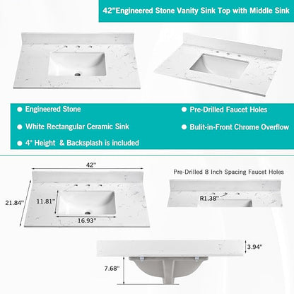 42"x22" Engineered Stone Bathroom Vanity Top with Rectangular Undermount Ceramic Middle Sink, 8 Inch Faucet Hole Spread with Backsplash Bathroom Vanity Sink Top (Cabinet Not Included)