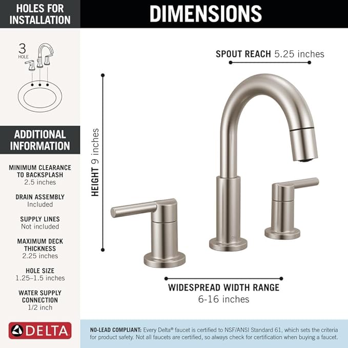 Delta Nicoli Brushed Nickel Bathroom Faucet with Sprayer, 8 Inch 3 Hole Widespread Bathroom Sink Faucet with Pull Out Sprayer, Push-Pop Drain, Stainless 35749LF-SSPD