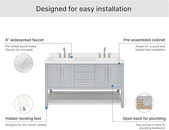 ARIEL Magnolia 60-inch Bathroom Vanity with Sink,Solid Wood, 1.5-inch Pure White Quartz Countertop & Backsplash, Double Rectangular Porcelain Sink, 4 Soft Closing Doors, 3 Dovetail Drawers, Grey