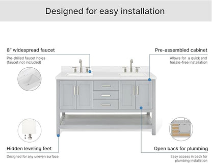 ARIEL Magnolia 60-inch Bathroom Vanity with Sink,Solid Wood, 1.5-inch Pure White Quartz Countertop & Backsplash, Double Rectangular Porcelain Sink, 4 Soft Closing Doors, 3 Dovetail Drawers, Grey