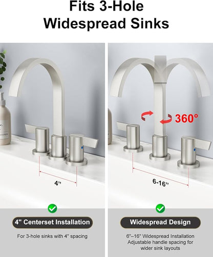 Brushed Nickel 3 Hole Bathroom Faucet,8" Widespread Vanity Faucet | 2 Handle Waterfall Bathroom Sink Faucet with Pop-Up Drain,Supply Lines,360° Swivel Spout,Lead-Free Stainless Steel,Deck Mount