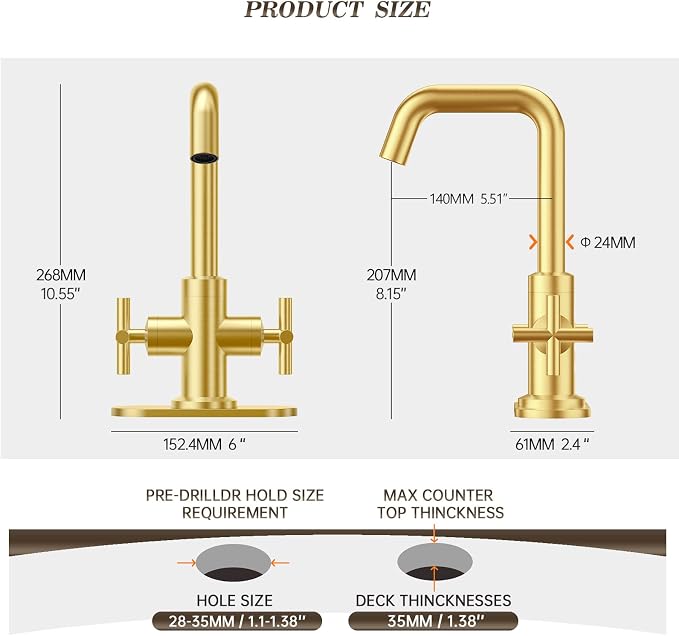 Brushed Gold 2-Handle 4 Inch Centerset Single Hole Bathroom Faucet with Drain,Deck Plate and Supply Hoses, Fit for 1 or 3 Hole, SGF002-10-BG