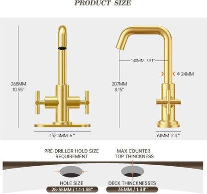 Brushed Gold 2-Handle 4 Inch Centerset Single Hole Bathroom Faucet with Drain,Deck Plate and Supply Hoses, Fit for 1 or 3 Hole, SGF002-10-BG