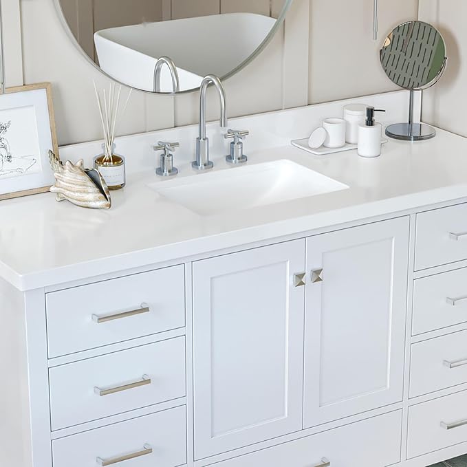 ARIEL Cambridge 60-inch Bathroom Vanity with Sink,Solid Wood, 1.5-inch Pure White Quartz Countertop & Backsplash, Single Rectangular Porcelain Sink, 2 Soft Closing Doors, 9 Dovetail Drawers, White
