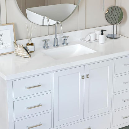ARIEL Cambridge 60-inch Bathroom Vanity with Sink,Solid Wood, 1.5-inch Pure White Quartz Countertop & Backsplash, Single Rectangular Porcelain Sink, 2 Soft Closing Doors, 9 Dovetail Drawers, White