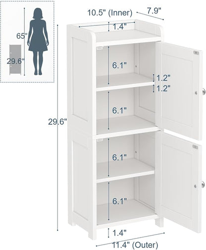 Small Bathroom Storage Cabinet, 30" Tall Freestanding Corner Floor Cabinet with 2 Doors & 5 Shelves (2 Adjustable), Narrow Toilet Paper Holder Organizer for Small Spaces, White