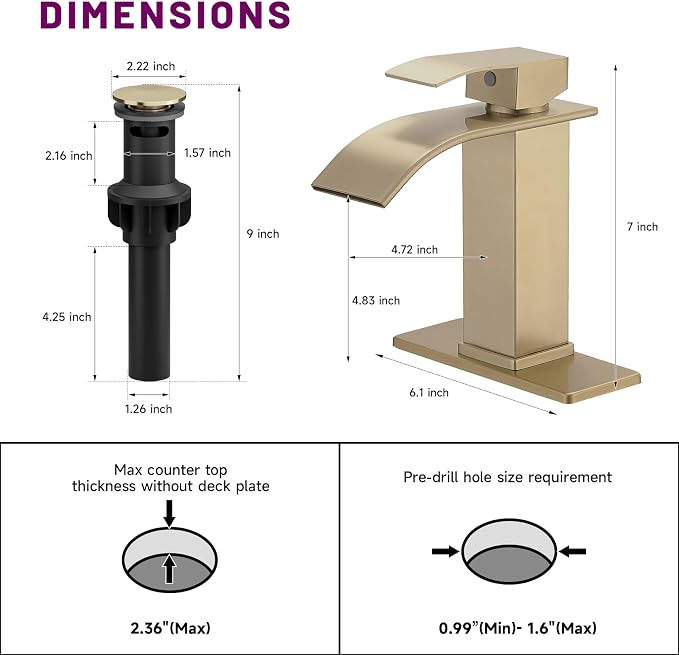 Gold Waterfall Bathroom Faucet Single Hole Single Handle | SUS 304 Stainless Steel,with Pop Up Drain Assembly & Deck Plate,Lavatory Rv Vanity Mixer Tap,3/8" Supply Hoses,Deck Mount
