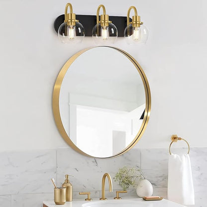 Modern 3-Light Vanity Light, Bathroom Lighting Fixture Over Mirror With Clear Glass Shade and Metal Base, Wall Sconces in Matte Black and Gold