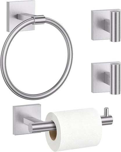 TURS Brushed Nickel 4-Pieces Towel Ring Set Include Towel Ring Toilet Paper Holder Towel Hook SUS304 Stainless Steel Bathroom Accessories Kit Wall Mounted