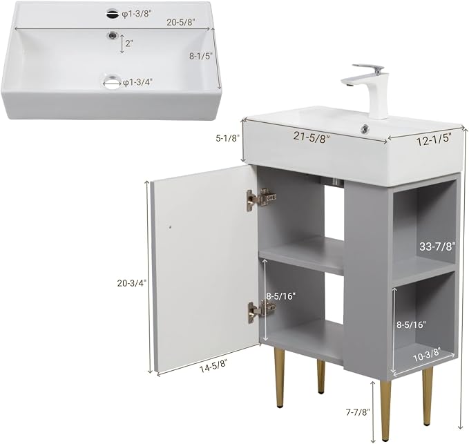 21.6" Freestanding Bathroom Vanity with Ceramic Sink, Matte Gray | Ceramic Sink, Wave-Pattern Door & Two-Layer Right Open Compartment, Bathroom Storage Cabinet, Easy Installation