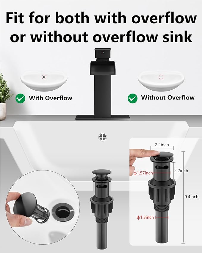 Waterfall Bathroom Faucet 1 Hole, Single Hole Bathroom Faucet, Single Handle Vanity Sink Faucet with Deck Plate, Pop-up Drain & Supply Lines, Matte Black