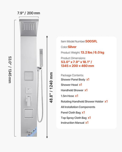 VEVOR Shower Panel Tower System with Rainfall Waterfall Shower Head, 53 in Brushed Stainless Steel Shower Column, 5-Function Faucet, Wall-Mount Rain Massage System with 2 Body Jet, Handheld, Tub Spout