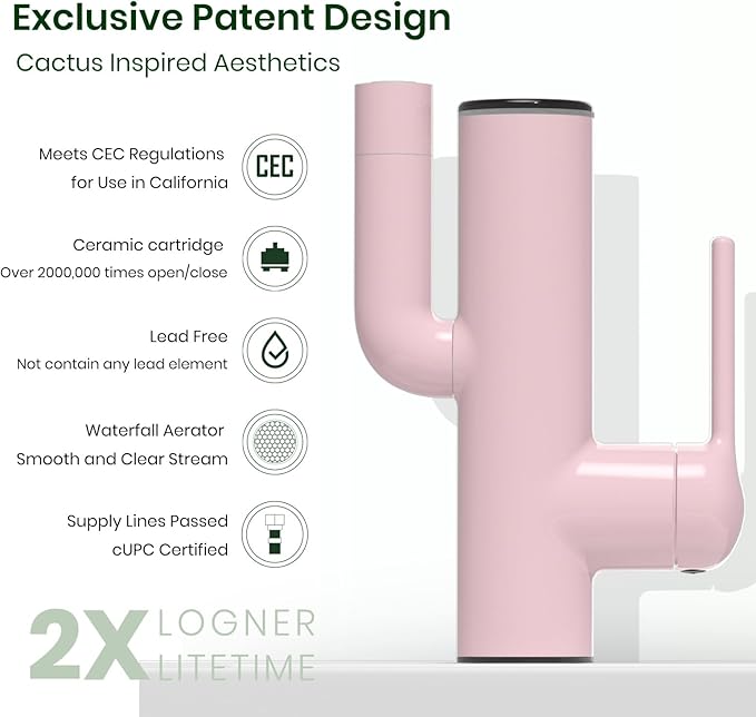Bathroom Sink Faucet, Cactus-Shaped, Single Hole with Water-Powered 3Colors LED Temperature Display and Adjustable Outlet, 2 Water Flow Modes with Supply Hoses, No Battery, Pink