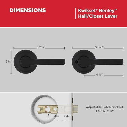 Kwikset Henley Interior Passage Door Handle, Lever for Closet and Hallway Doors, Reversible Non-Locking Handle Lever, Matte Black, with Microban Protection (Pack of 4)