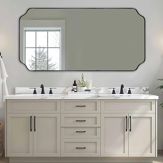 30x60 Black Vanity Mirror for Over Sink Bathroom | Moisture Resistant SUS304 Frame, Rounded Notched Corner, Vertically or Horizontally, Ideal Large Mirror over Bathroom Sink