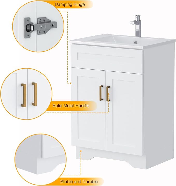Bathroom 24" Vanity with Ceramic Sink, Wooden Double Door Bathroom Storage Cabinet, Freestanding Cabinet Vanity with Sink (Paint, White,24")