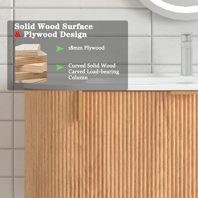 36'' Floating Bathroom Vanity with Sink, Wall Mounted Modern Bathroom Cabinet W/Curved Edges Stripes, Oak & Plywood, Pre-Assembled with Integrated Ceramic Basin – Havana, Natural Oak