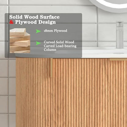 36'' Floating Bathroom Vanity with Sink, Wall Mounted Modern Bathroom Cabinet W/Curved Edges Stripes, Oak & Plywood, Pre-Assembled with Integrated Ceramic Basin – Havana, Natural Oak