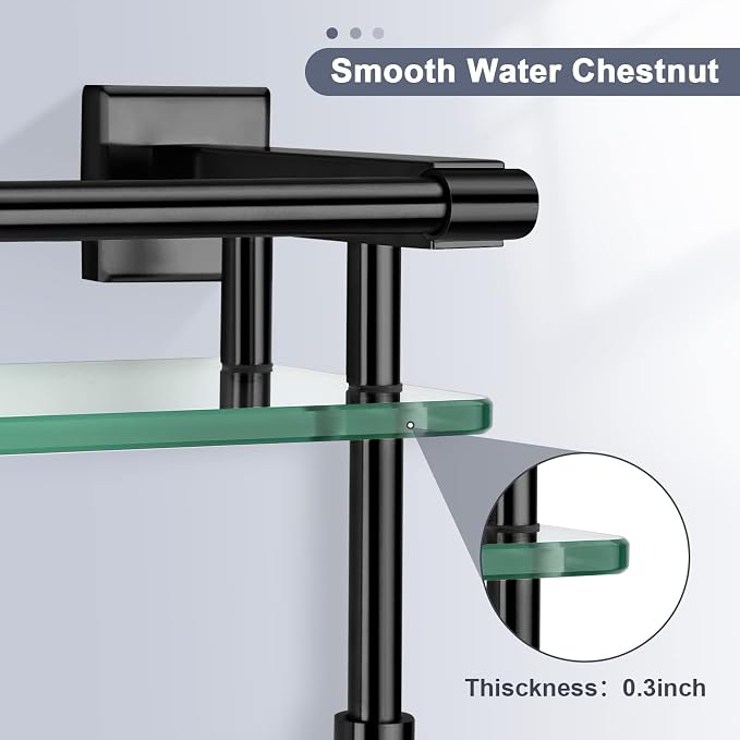 20-inch Glass Shelf with Towel bar, Matte Black-Finished Rail, Rectangular Stainless Steel Shelf, wall-Mounted Storage Rack