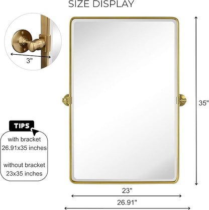 TEHOME Gold Pivot Rectangle Bathroom Vanity Mirrror Farmhouse Tiltable Rounded Metal Framed Pivoting Bathroom Mirror with Beveled Mirrror, Overall 26.91 x 35 inches (Mirrror 23 x 35 inches)