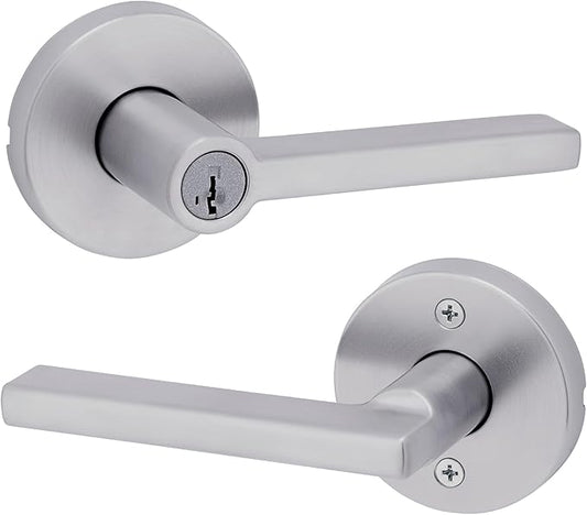 Kwikset Halifax Keyed Storeroom Entry Door Handle with Lock and Key, Secure Keyed Reversible Lever Exterior, for Front Entrance and Bedrooms, Satin Chrome, Pick Resistant Smartkey Rekey Security