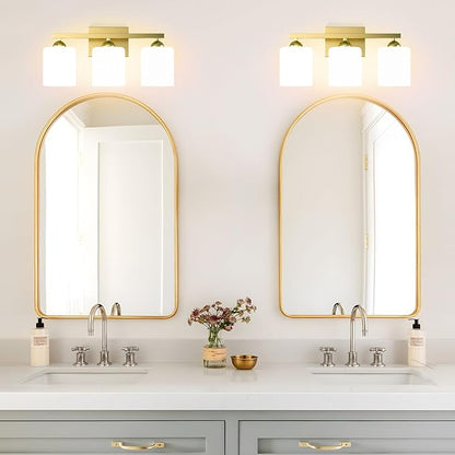 Quntis Gold Bathroom Light Fixtures Over Mirror 5 Colors Adjustable, 3-Light LED Bathroom Vanity Lighting with Milky White Frosted Glass Shade, Energy-Saving LED Vanity Light 18.9 inch