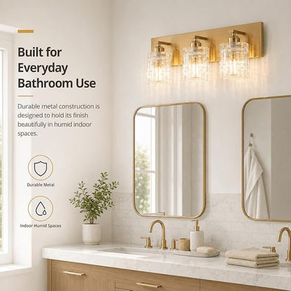 3 Lights Brushed Gold Crystal Bathroom Vanity Light,Modern Bathroom Wall Light,Crystal Over Mirror Light Fixtures for Living Room, Bedroom, Hallway