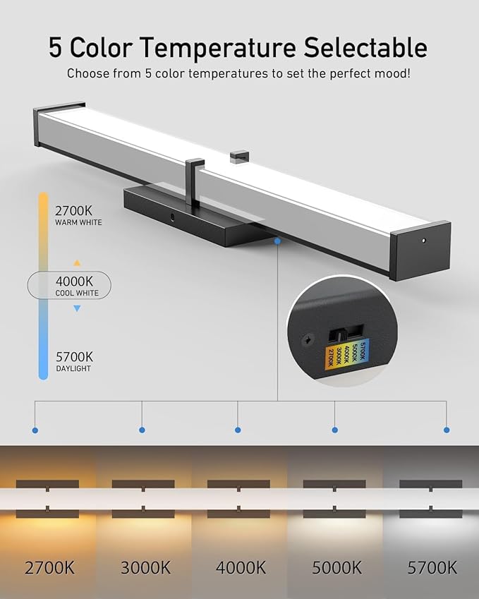 Modern Bathroom Light Fixtures Over Mirror 16 Inch(15.75"), 20W 2000 Lumen Dimmable Bathroom Vanity Light, 5CCT LED Vanity Light Bar, Black Vanity Lighting Fixtures with ETL Certified