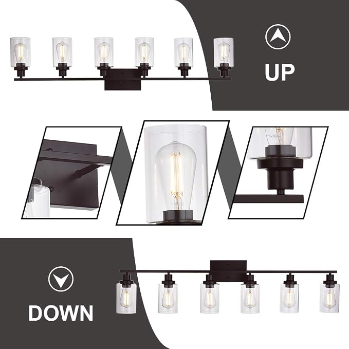 MELUCEE 6-Light Bathroom Vanity Light Fixture Vintage Oil Rubbed Bronze | Industrial Wall Sconce Lighting with Clear Glass Shade for Living Room Bedroom Kitchen (Patent No.: US D963914 S) 45.3 Inch