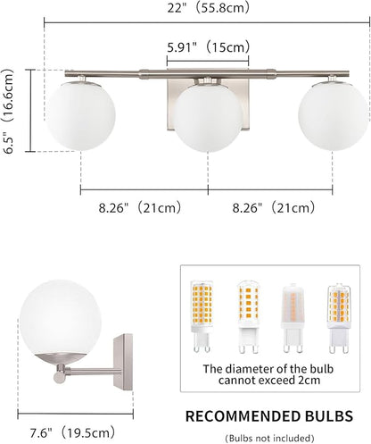 Bathroom Vanity Light Brushed Nickel 3T Wall Sconce for Mirror | Modern fixture Glass Shade brightness, Elivers even brightness. Sturdy metal resists rust. Dresser Bathroom over Mirror