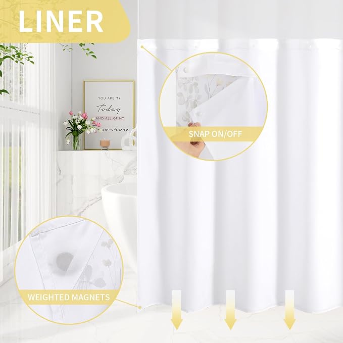 No Hook Yellow Watercolor Floral Shower Curtain and Liner Set, 72x86 | Spring Flower Shower Curtains with Snap-in Liner for Farmhouse Bathroom Decor, Botanical Bathroom Curtain with Leaves