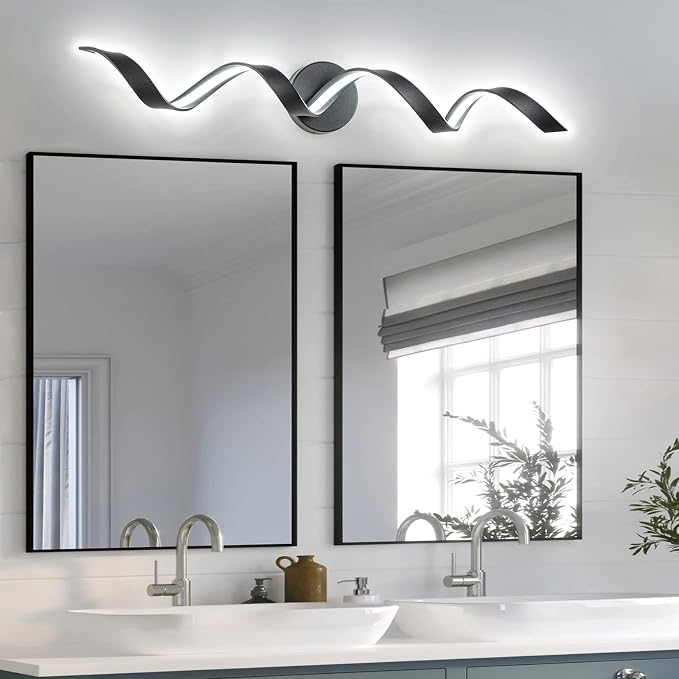 Dimmable Modern LED Bathroom Vanity Lights 32 inch, 20W Spiral Design Black Wall Light Fixtures for Bathroom, Living Room and Hallway, 6000K White Light