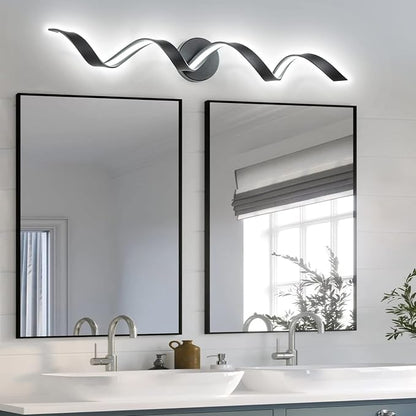 Dimmable Modern LED Bathroom Vanity Lights 32 inch, 20W Spiral Design Black Wall Light Fixtures for Bathroom, Living Room and Hallway, 6000K White Light
